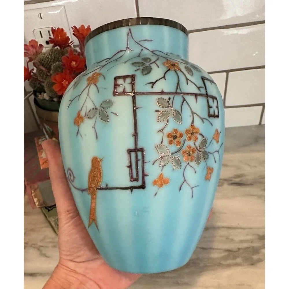 Gorgeous Antique Cased Satin Blue Glass Vase Raised Art Deco Bird Flowers